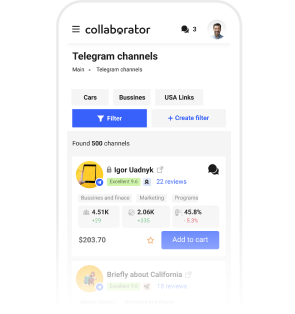 Mobile view of Collaborator’s Telegram channels marketplace showing categories, search filters, and featured channels with follower stats and pricing